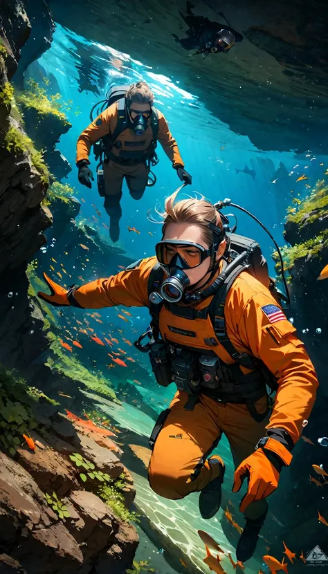 (best quality,4k,8k,highres,masterpiece:1.2),ultra-detailed,(realistic), diving, 3divers, deep underwater, us navy, secret mission, group of military divers, military scuba diving suits, 