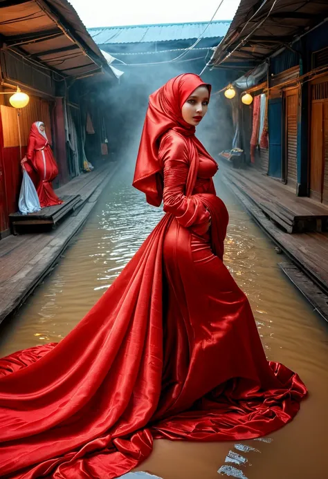 a woman shrouded in a 9-meter-long, plush red satin cloth, tightly bound and grandly draping along the form of her body, flowing...