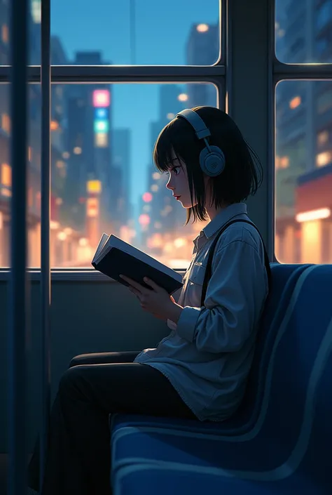 Makoto Shinkai style　I&#39;m sitting on a bench seat on the train reading a textbook with headphones on.　College girl on train running through urban evening city　With a friend