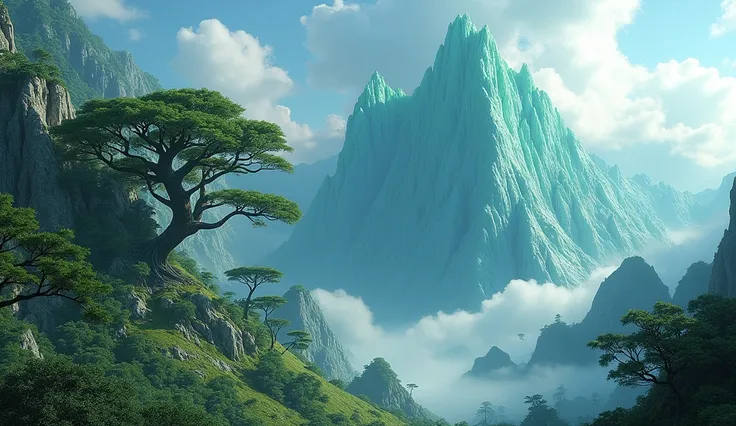 There is a high mountain，The sunny side is rich in jade，On the other side there are strange trees（best quality，4K，8k，High level，masterpiece：1.2），Ultra Detailed，（lifelike，Photo real，Photo real：1.37）