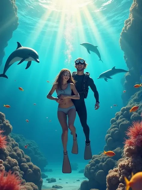 Underwater scene: Male diver assists female divers ascent, hands on her waist. Both are smiling widely, visible through masks. Sunlight streams from above, illuminating their figures. Ocean backdrop with colorful fish and coral. Dolphins visible in distanc...