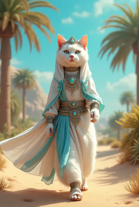 A white cat walking on her hind legs in a desert oasis, wearing a traditional Bedouin bridal outfit. The cat is adorned with silver and turquoise jewelry, a flowing white and blue robe, a matching headscarf, and leather sandals. The background shows palm t...