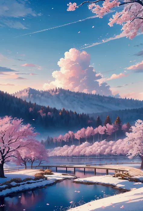 Create a viral anime wallpaper that captures the enchanting beauty of spring, the most beloved season globally. The scene should feature rolling green hills adorned with cherry blossom trees in full bloom, with delicate pink petals drifting in the gentle b...