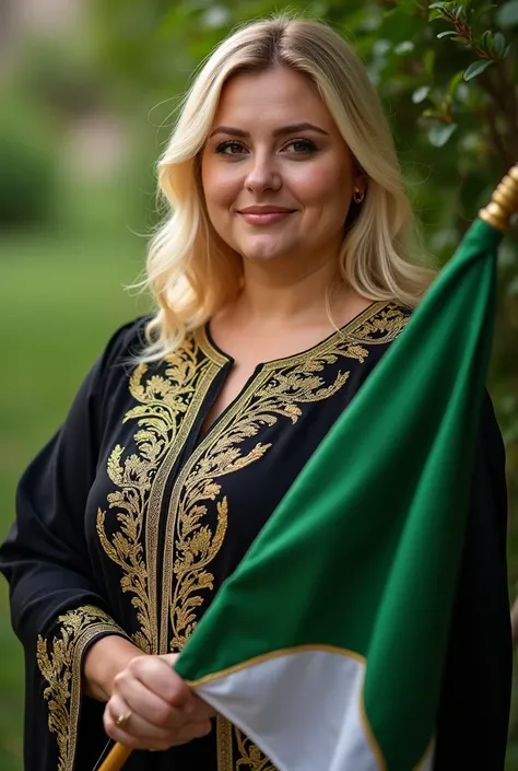 She is holding the Algerian flag, green and white, close-up, blonde, fat woman. . She is wearing a black caftan decorated with gold threads embroidered with a modern and high quality technique. She is holding a detailed and precise Algerian flag in green a...