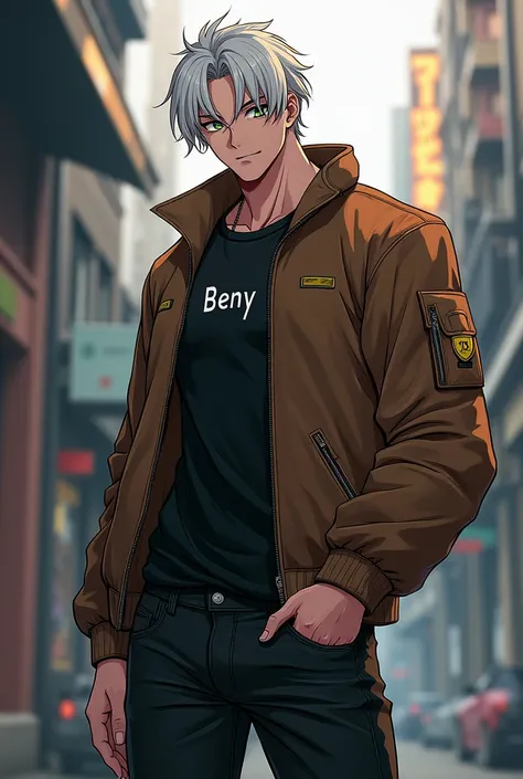 Erkek cocuk, pele caucasiana, 20 year, White hair, wearing black jeans, wearing black boots, White T-shirt and her name BENY has written on that, with brown aviator jacket, greeneyes,curved body, cocked ass, cyberpunk atmosphere, Raby, アニメ, .Smile,upper bo...