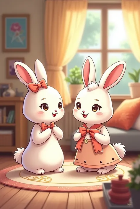 A little white bunny wearing female clothes talking to her bunny mother in her home in cartoon style 