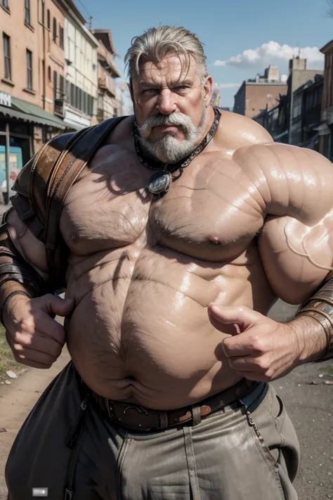 Hyperrealistic image of a post apocalyptic steampunk warrior man posing as a very muscular, grey-haired superhero., very old and very sweaty bodybuilder over 80 years old..very muscular and fat, He weighs more than 200 kilos with a naked torso., large and ...