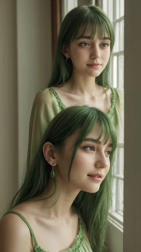 a girl. European. Extremely detailed face. Oval face. Delicate facial features. Half-closed eyes. Long straight hair. Messy hair. Bangs. Green hair. Green eyes. earrings. Green silk nightgown. Sad expression. Looking longingly. Smiling slightly