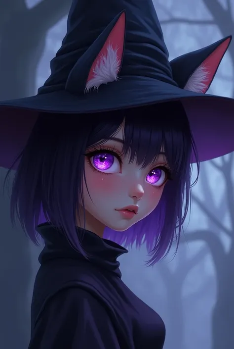 Purple eyes, Cat ear, Gaze, Illustration, Witch Hat, One girl, 