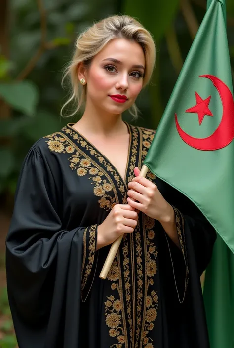 Holding a white and green Algerian flag, close-up, blonde, plump woman . She is wearing a black caftan decorated with gold threads embroidered with a modern and high quality technique. She is holding a detailed and precise Algerian flag in green and white,...