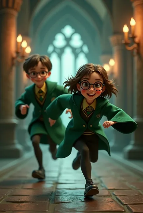 A young woman chasing her brother, short brown hair, wearing glasses, cheerful, wearing Slytherin house robes, 3D image