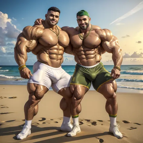 full view full body, 2 buzzcut white bodybuilder over-muscular men, wearing olive-green lycra cyclist shorts, golden rings, necklaces, bracelets, white high long socks, olive-green steel toe fashion chunky boots, dancing at a beach party in Miami, at dusk,...