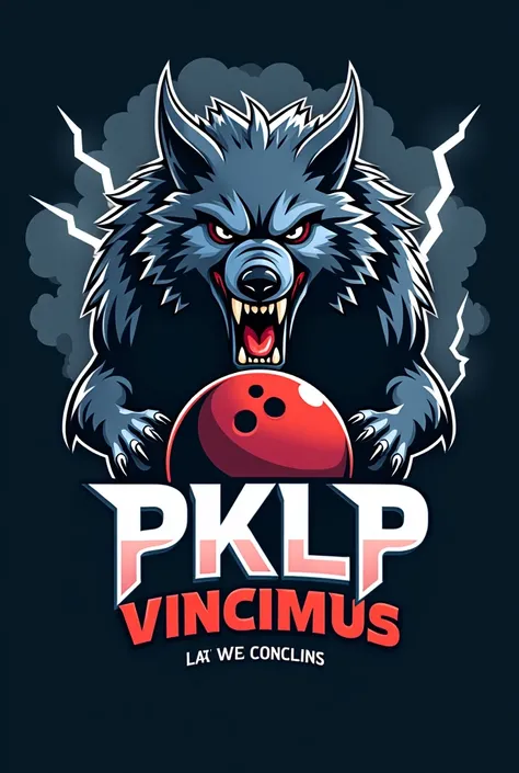 Make a fierce bowling team logo with the name of the team is PKLP VINCIMUS. 