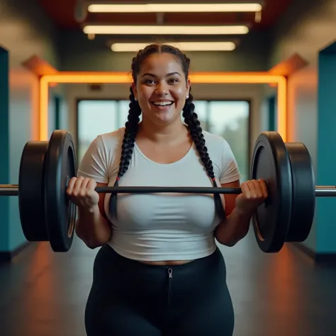 A overweight Girl, black hair, braided hair on both sides, white t-shirt, black legging, wear shoes, looking viewer, facing the viewer, excitement on the face, hand lifting big solo weights, trying to loose weight, back ground at many colored gym.