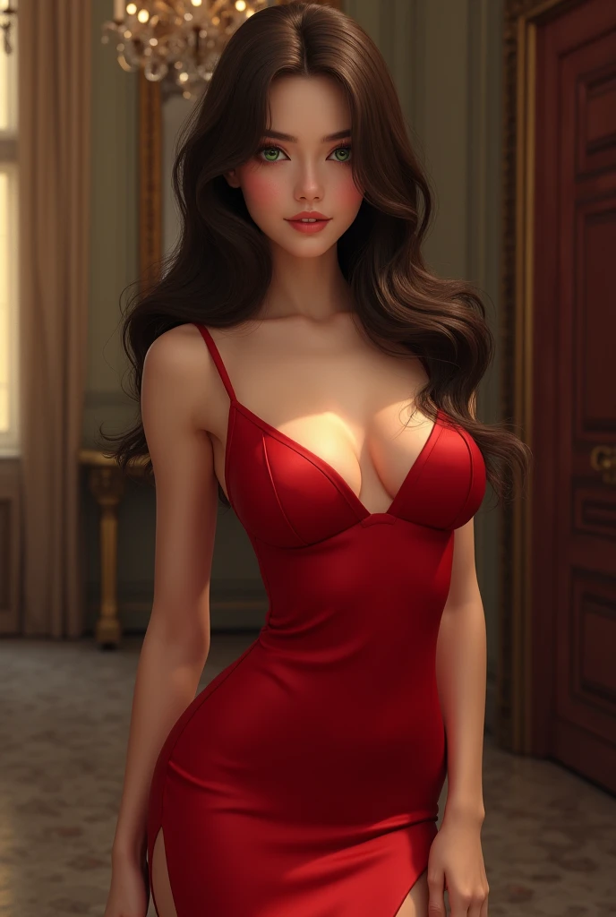 A young and sensual woman in an elegant setting. She has long, wavy dark brown hair cascading over her shoulders. Her eyes are large and expressive, emerald green in color, with long lashes that highlight her gaze. Her skin is fair and flawless, with a sub...