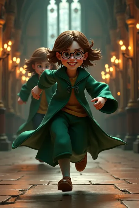 A young woman chasing her brother, short brown hair, wearing glasses, cheerful, wearing Slytherin house robes, 3D image