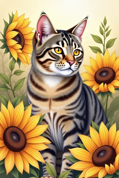 Color drawing, pencil drawing of tabby cat with sunflower background