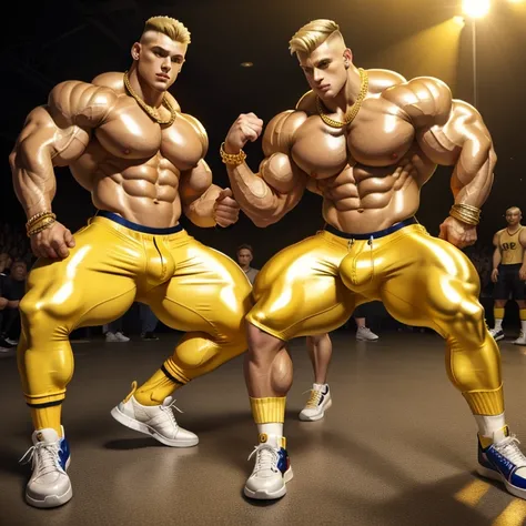 male blonde slim huge pecs, huge thighs, nice glutes , short chav clean undercut haircut, wigger style golden sportswear and sneakers, golden trackies latex, golden socks, golden rings, necklaces, bracelets, attacked by 2 agressive young thugs. Golden sock...