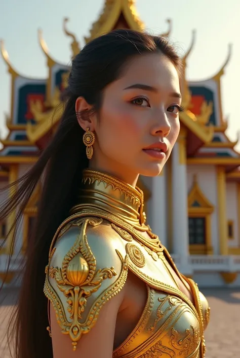 (Realistic, High resolution：1.3), 1 girl with the perfect body, Very detailed face and eyes, long hair, ผิวขาวvery beautiful, Thai style, very beautiful, He is a queen., Wearing Thai armor, gold color, Silver, Behind him, Increased during the day, There is...