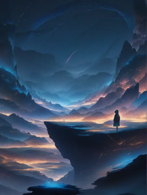 score_9, score_8_up, score_7_up, score_anime, masterpiece, top quality, delicate illustration, sharp lines, sharp focus, BREAK,Traveler girl wandering in the endless night world,girl wearing a hood,backpack full of stuff,night Otherworldly, Fantastic scene...