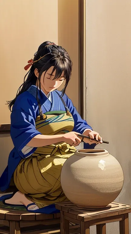 arafed woman making a pot on a wheel in a pottery shop, pottery, ceramic, artisanal art, japanese pottery, beginner, pot, artistic interpretation, clay, beginner art, mixed art, artisan, ceramics, clay art, intermediate art, handmade pottery, japanese woma...