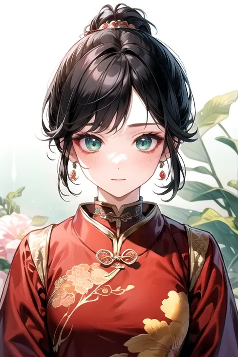 (highest quality)、(highest quality)、cute、(choker).eyes are emerald、(chinese dress)、((black hair)).