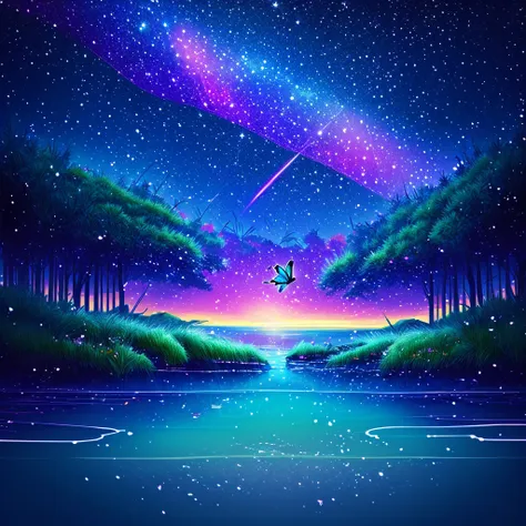 cute girl characters、iridescent grass々drawing a butterfly flying over the water, looking up at the starry sky. surround her with...