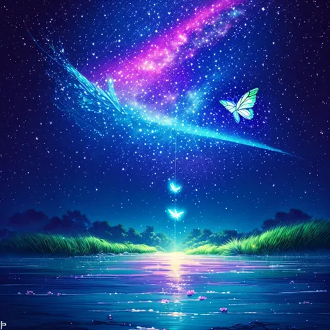 cute girl characters、iridescent grass々drawing a butterfly flying over the water, looking up at the starry sky. surround her with...