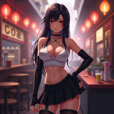 Izayoi Seishin artstyle, (score_9, score_8_up, score_7_up), (best quality, masterpiece),perfect anatomy,(aesthetic,very aesthetic),official style, (ultra-high resolution), 1girl, tifa lockhart, final fantasy,(beautiful woman).tareme, black hair, low-tied l...