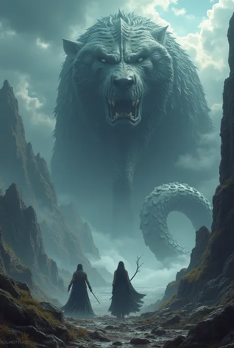 I want an epic image of fenrir, the giant wolf! jormungandr, the world serpent! And Hela, the goddess of death!