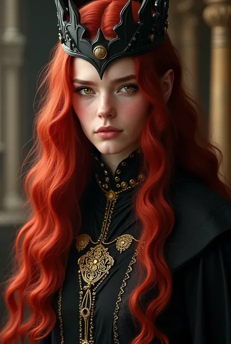 beautiful man (Lord of the Rings Sauron) long red hair and eyes, yellow eyes, mocking but charming smile, young about 20 years old, noble figure, full of grace, rich ornaments, young face slightly feminine. and black crown.