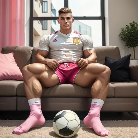 full body one young white boy with light-brown clean shaved undercut haircut, wearing pink soccer shorts and pink 'messi' jersey...