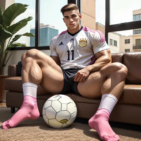 full body one young white boy with light-brown clean shaved undercut haircut, wearing pink soccer shorts and pink 'messi' jersey...