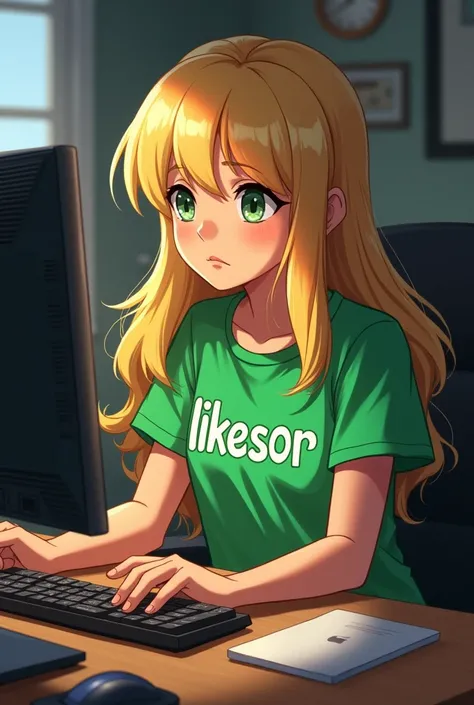 Blonde haired girl in a green t-shirt with LikeSoar written on it and working on the computer