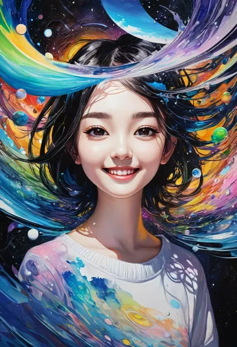 fusion of acrylic and collage paintings, high and fine artwork, cute teen, smile, background another dimension, another space, s...