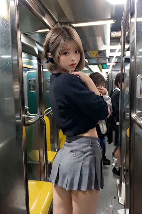 Browsing Caution, Crowded train, Japan , Handsome man hugging his girlfriend from behind, Talk in her ear, Lift her up, Twist up your miniskirt, 40k, photograph, masterpiece, Highest quality, Dark Gray Background, ((Japan girls high school uniform)), An ol...