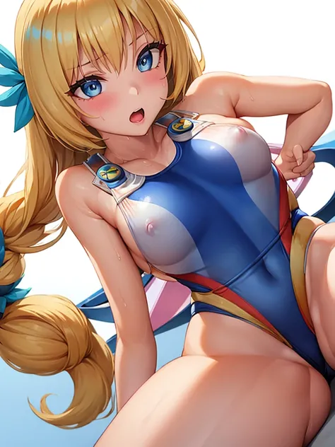  (White background, 1girl:1.4), BREAK,Long blonde hair, blue eyes,Narrow waist,voluptuous Breasts,(one-piece competitive swimwear,one-piece competition swimsuit:1.6), blush,Open your mouth,(covered nipples:1.2)