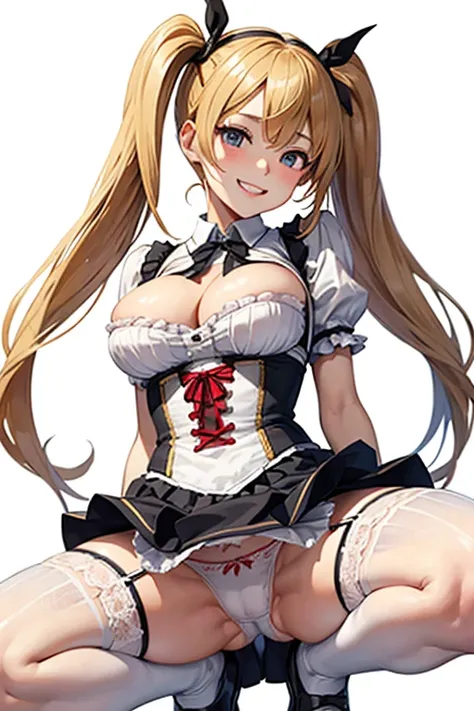 Oktoberfest、Squatting and spreading legs、Skirt flip、blonde、Long twin tails、smile、Big Breasts、Open chest、Baby Face、Panty shot、White lace panties、garter belt