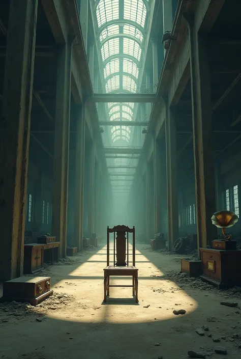 Draw an old, abandoned factory, with tall columns, a tall ceiling, an old floor, an old chair in the middle of the factory, and old objects, including an old radio and an old gramophone.