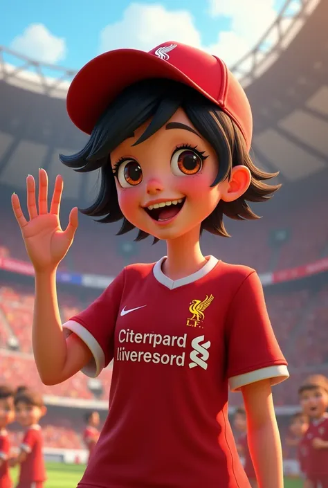 A cheerful girl with short hair, Disney style, holding up two fingers on one hand and wearing a Liverpool cap. Wearing a Liverpool football shirt standing in cartoon style illustration Detailed and colorful High quality, realistic photography dynamic poses...