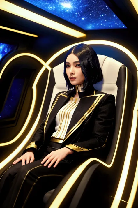 A white skin girl, black hair, with a black suit with thin gold lines, Guardians of the Galaxy style. She is sitting in a chair in a spaceship