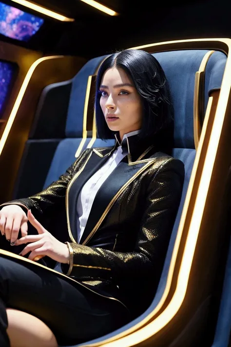 A white skin girl, black hair, with a black suit with thin gold lines, Guardians of the Galaxy style. She is sitting in a chair in a spaceship