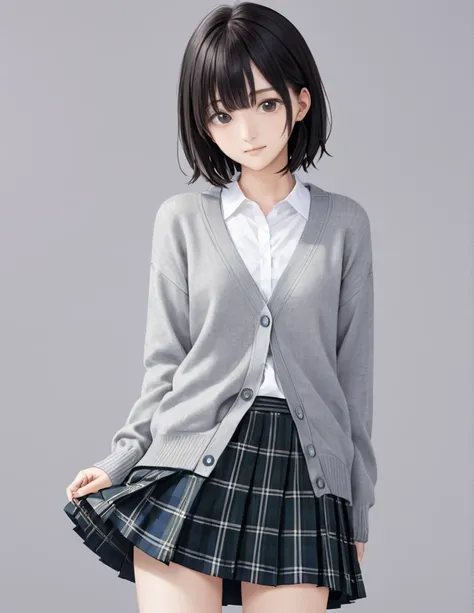 otokonoko,mini skirt, short skirt, school uniform,Black hair, gray cardigan, long sleeve cardigan, tartan check ribbon, tartan check skirt, miniskirt,1 girl, solo, high resolution, 