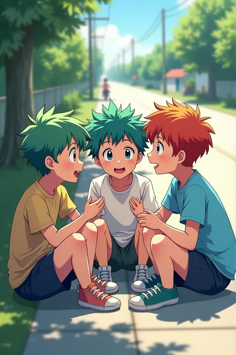 Three anime boy sitting on road side and talk with each other 