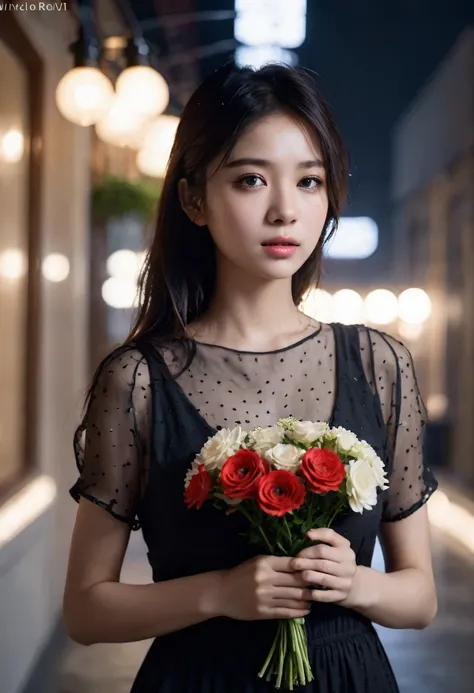 (photorealistic, masterpiece, best quality, highly detailed),1girl,8k wallpaper,extremely detailed figure, amazing beauty, detailed characters, indoor,black dress, holding flowers, light and shadow, depth of field, light spot, reflection,upper body,nigth,s...