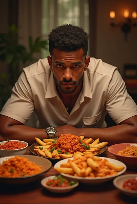 A man sitting on the table with spicy foods with sweet feeling seeing straight with hunger

