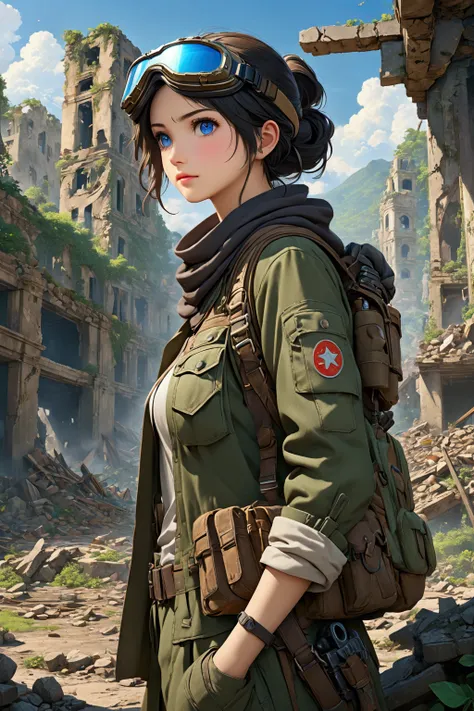 ((Highly detailed anime art)),Woman in ruins,City Ruins,Ranger Equipment,Shots from afar,goggles,((masterpiece, Highest quality, Extremely detailed CG, unity 8k wallpaper )),(masterpiece, Highest quality, Highest quality, Official Art, beautiful),Very vivi...