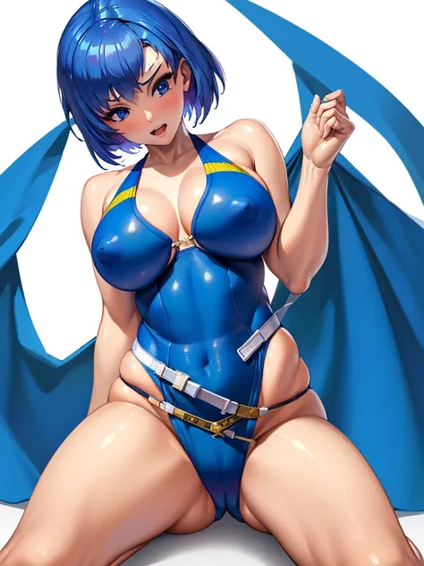  (White background, 1girl:1.4), BREAK,Blue short Hair, blue eyes,Narrow waist,voluptuous Breasts,(one-piece competitive swimwear,one-piece competition swimsuit:1.6), blush,Open your mouth,(covered nipples:1.2)