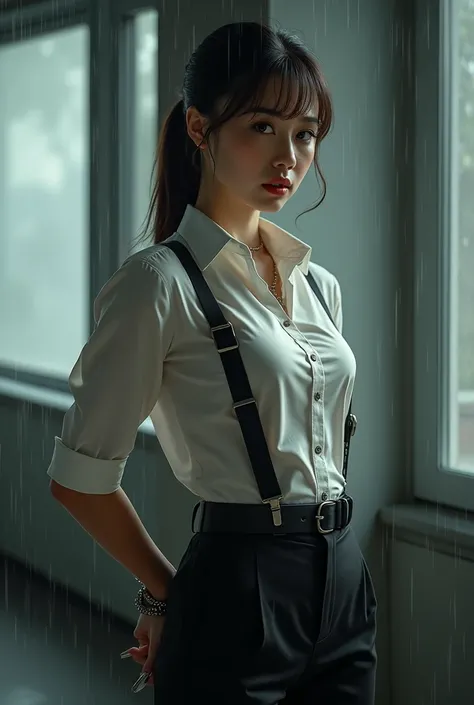 a woman in a suit, belt, hands behind back, sweating, suspenders, black pants, sexly, large breasts, see-through clothing, rain, detective, office worker, white button-up shirt, (best quality,4K,8k,highres,masterpiece:1.2),ultra-detailed,(realistic,photore...