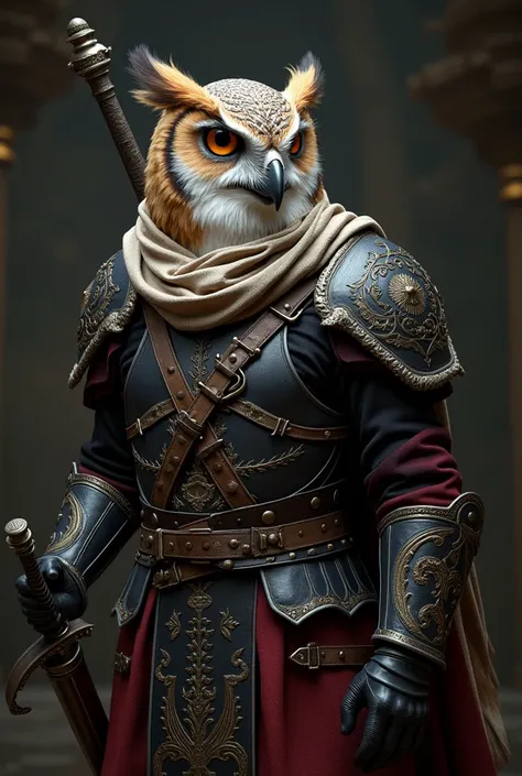 The image shows an owl dressed as an Arab warrior., (((Wearing a roll of Arab rag on his head))), ((( And in his hand the Damascus sword))), Facing right with head tilted slightly upwards. He wears detailed armor resembling traditional Arab armor., Complet...